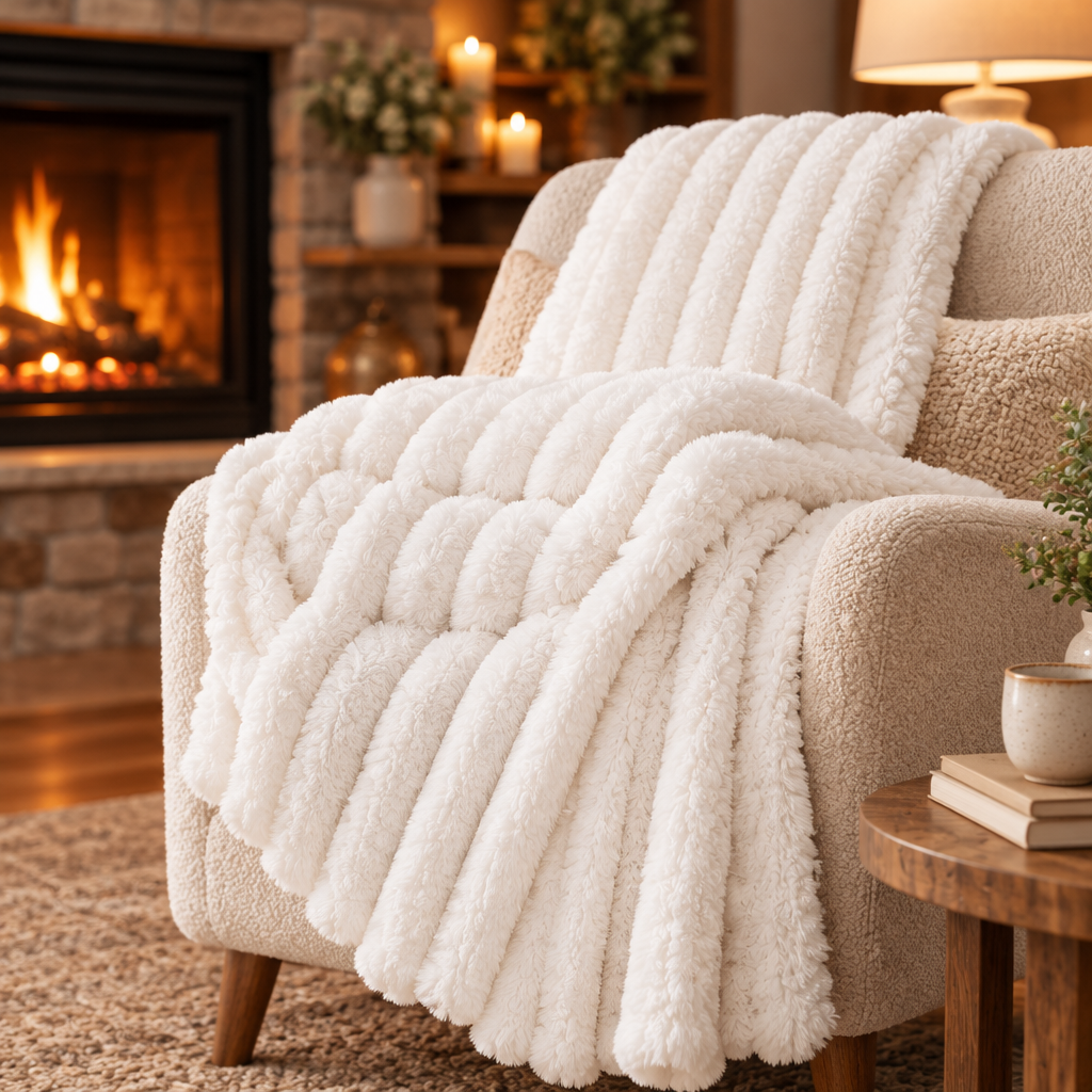 Striped Flannel Cover Blanket draped by a fireplace