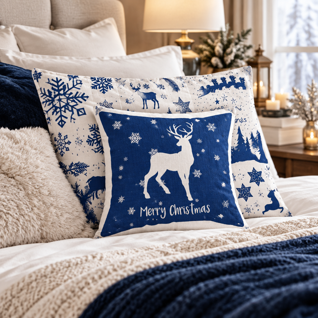 Blue Snow Christmas Pillowcase on a luxurious bed