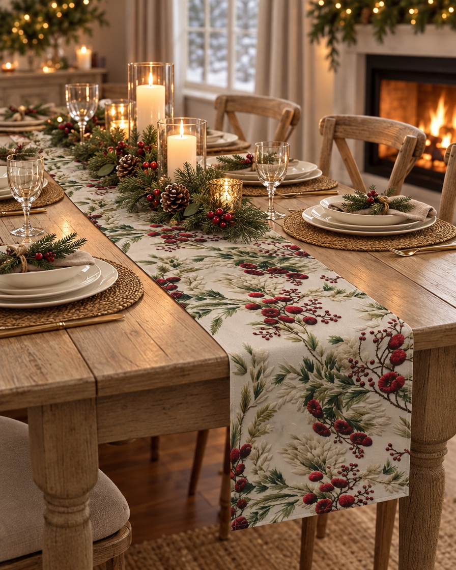 Floral Winter Table Runner on a dining table