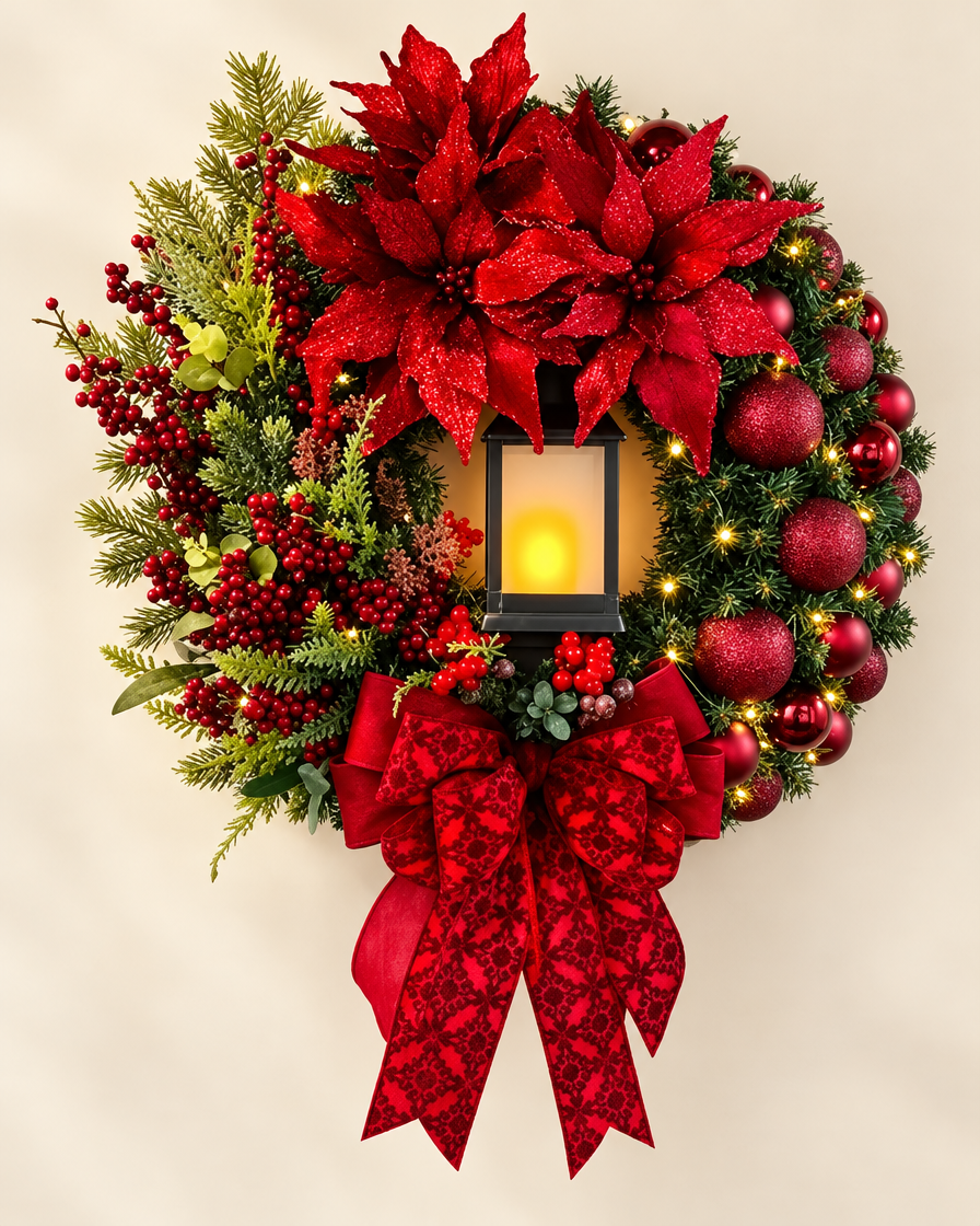 Lit Red Flower Door Wreath studio still
