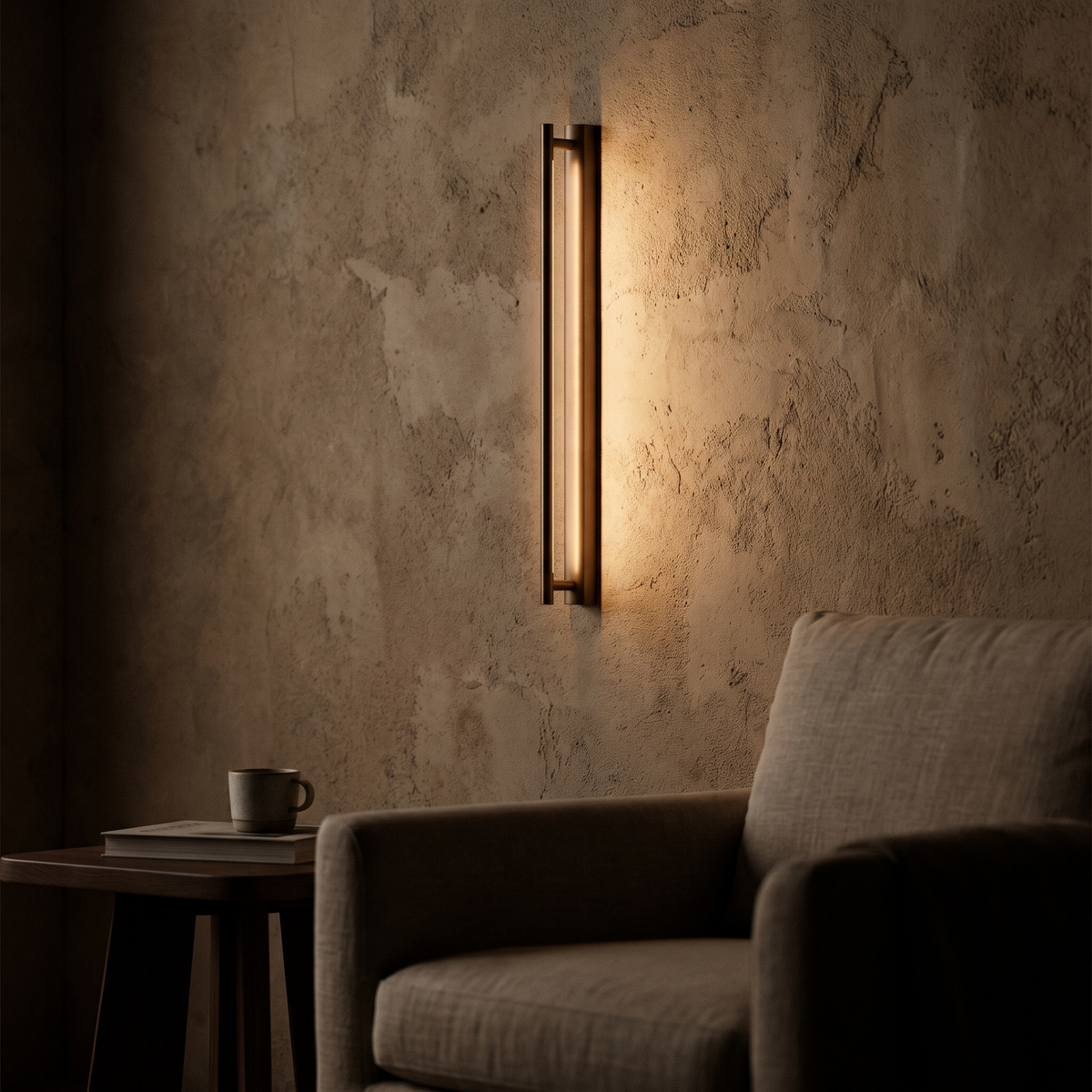 Modern wall sconce washing light down a plaster wall