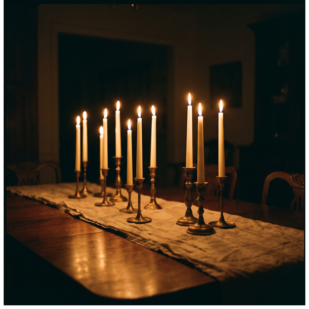 Ivory taper candles glowing on a dark wood table