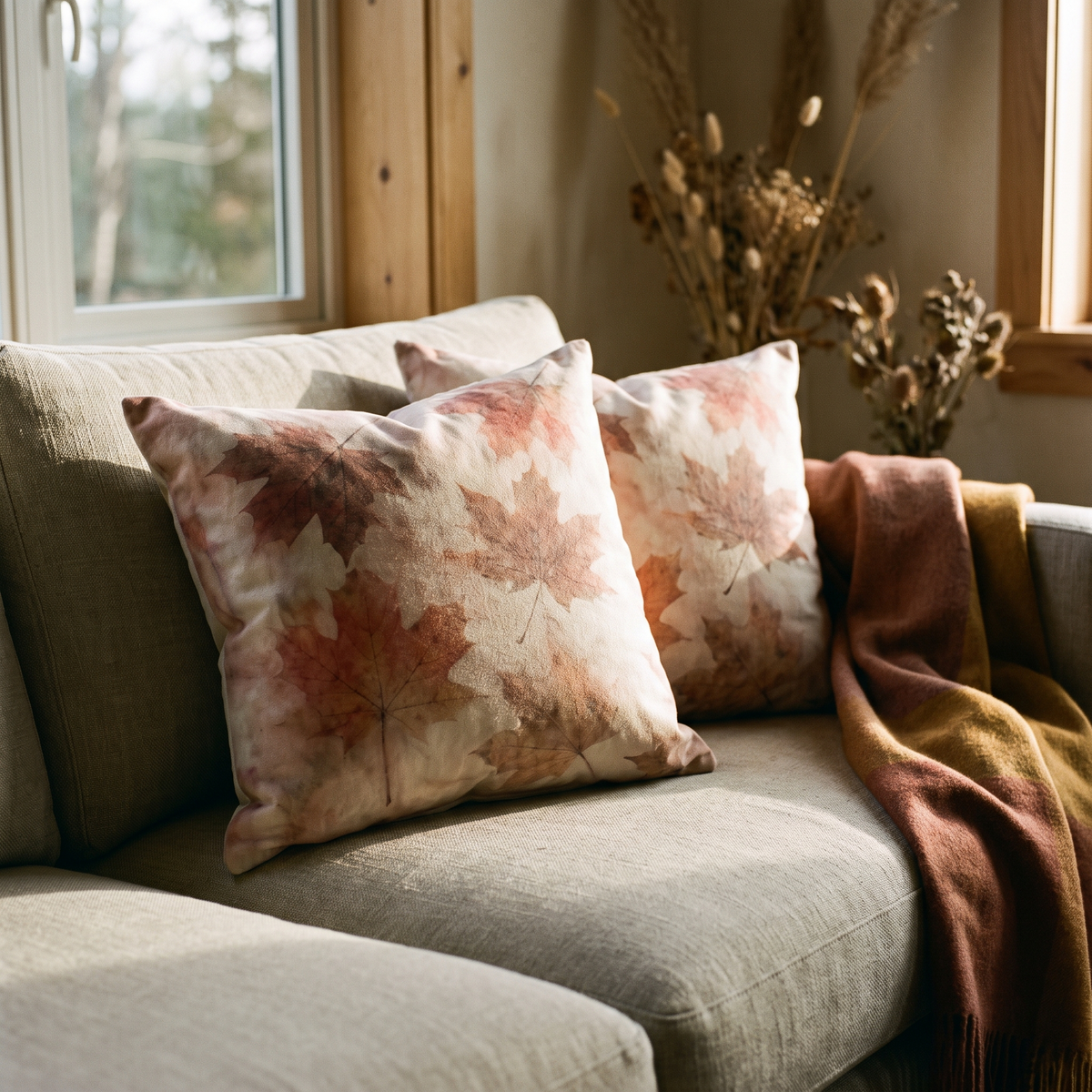 Autumn leaf print cushions on a linen sofa