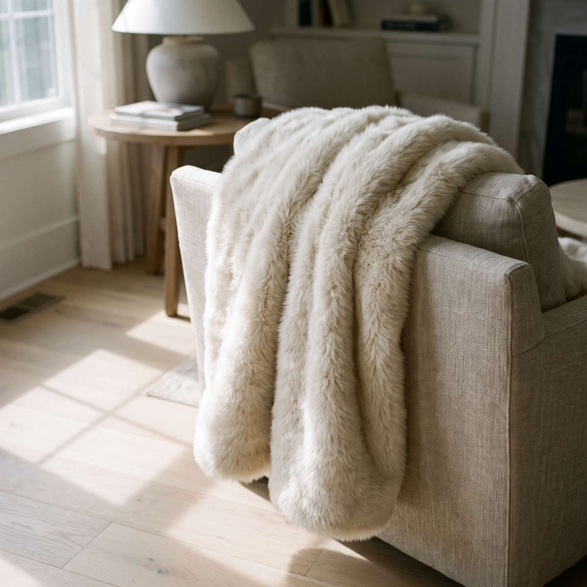 Faux fur throw draped over a linen armchair