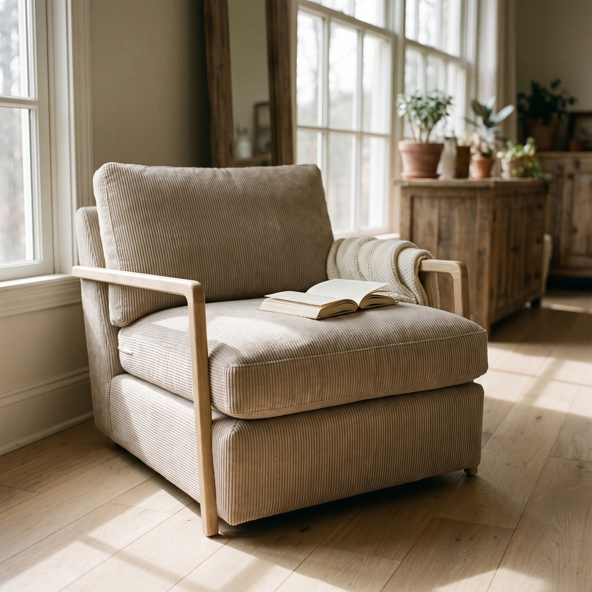 Corduroy lounge reading chair in a sunlit corner