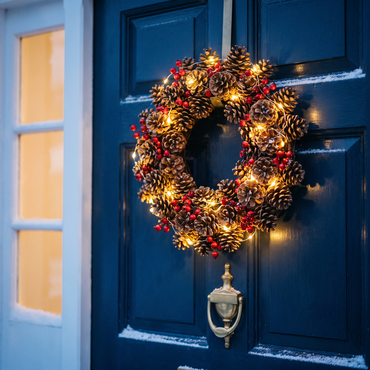 Pinecone and berry wreath lit on a dark front door