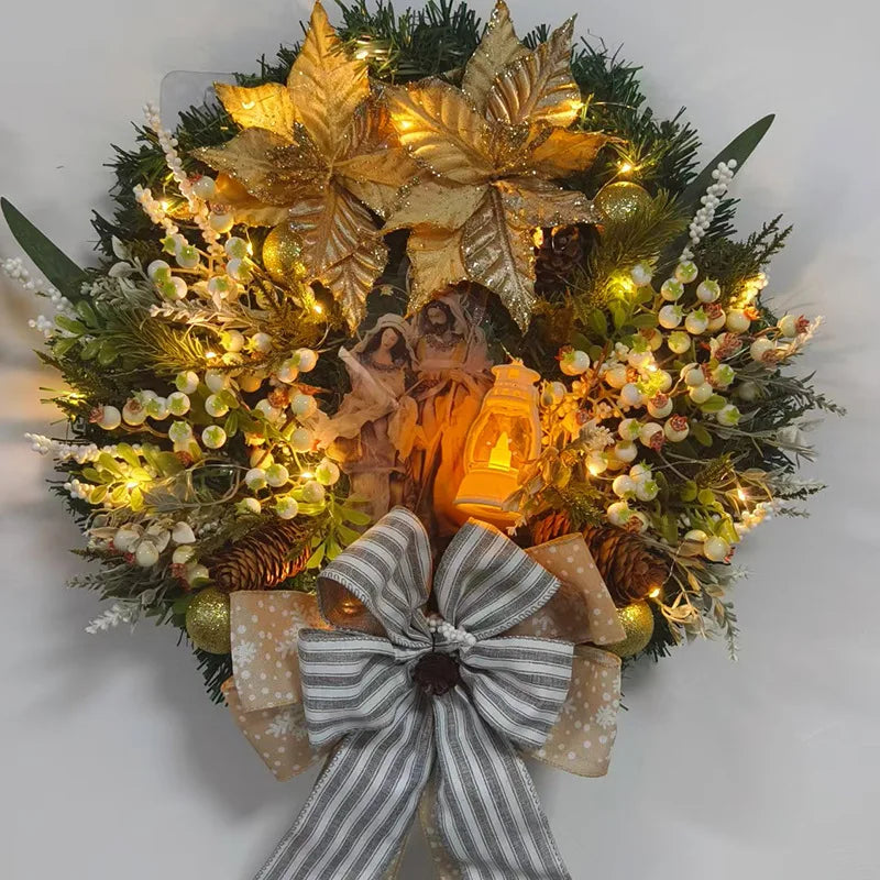 Lit Red Flower Door Wreath
