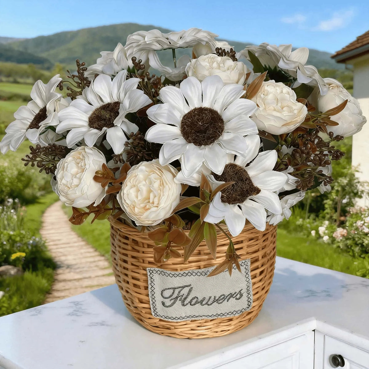 Faux Peony Sunflower Bouquet