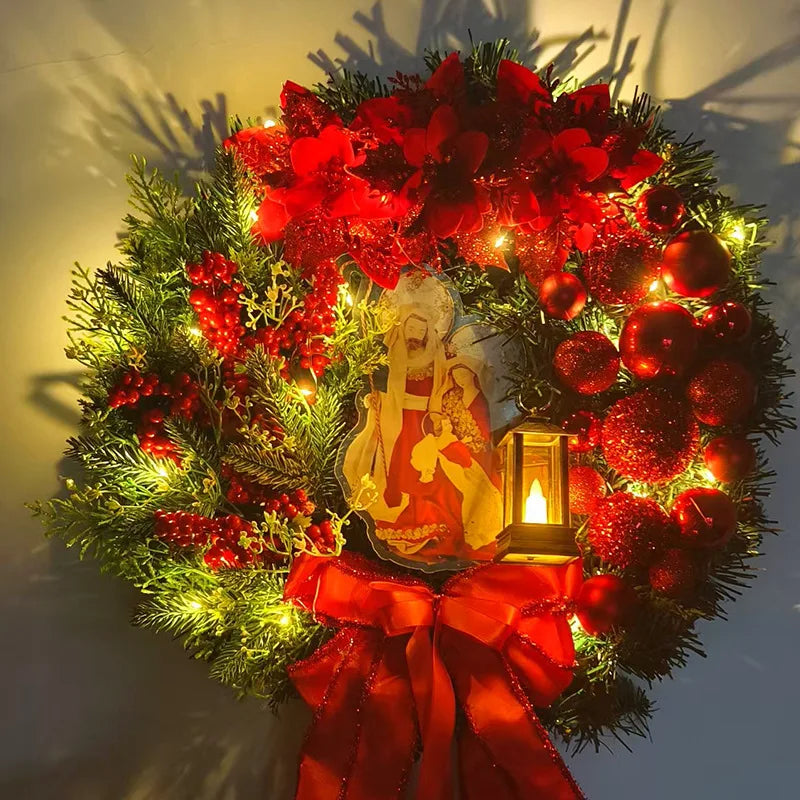Lit Red Flower Door Wreath