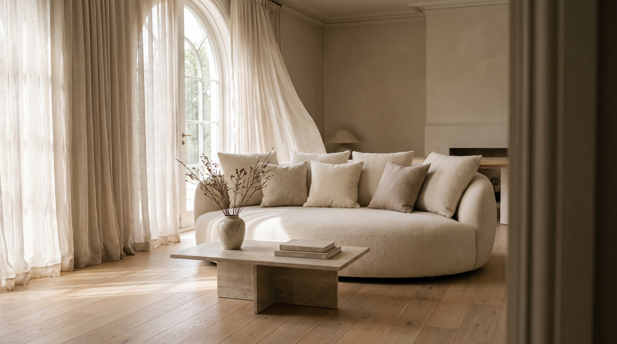 Round cloud sofa with cushions in a sunlit living room