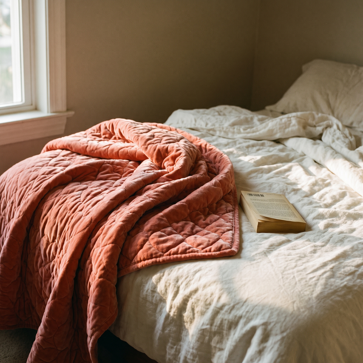 Plush velvet throw blanket across a bed in morning light