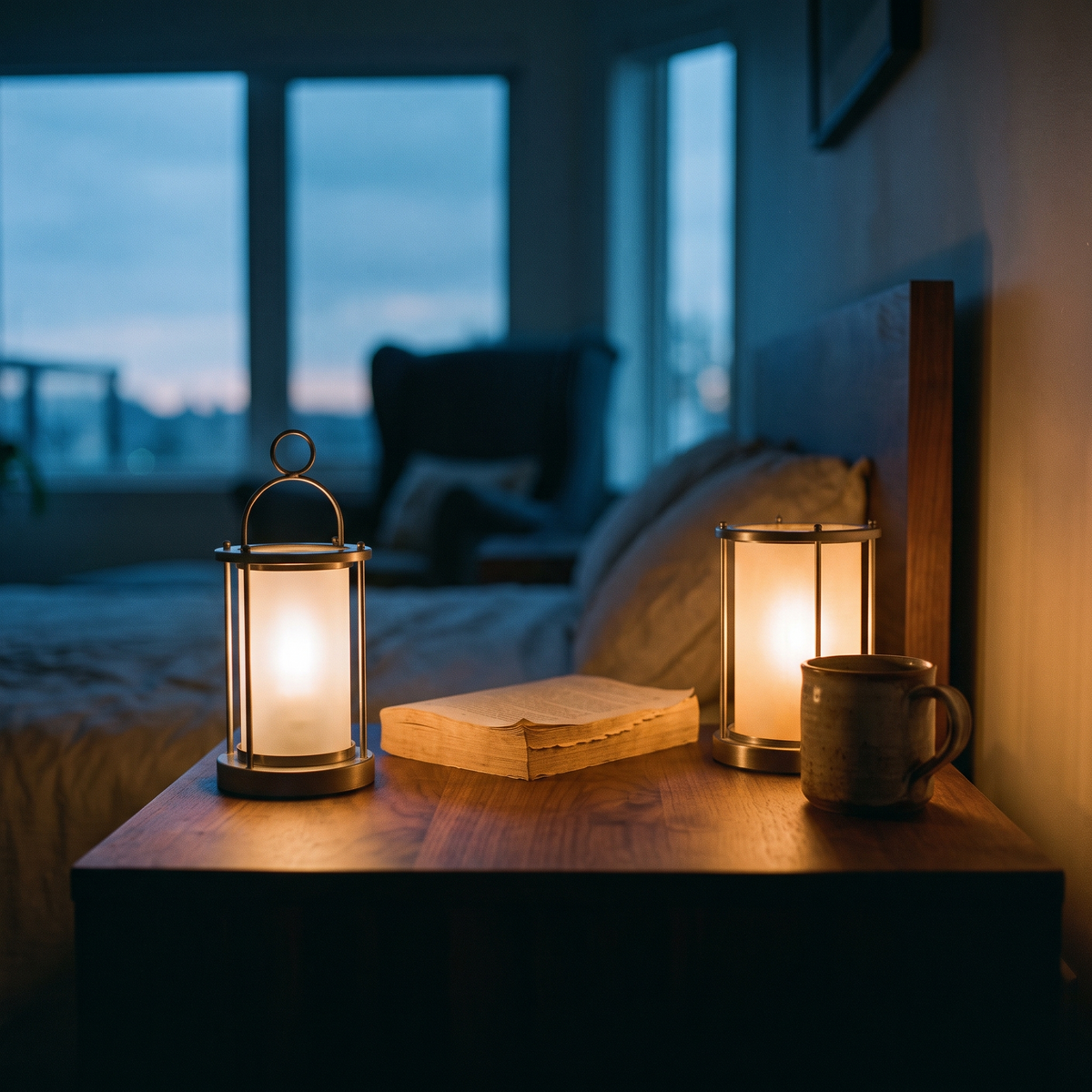 Lantern table lamp glowing warm on a bedside table