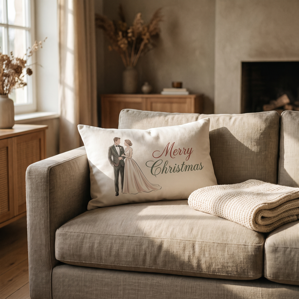 Decorative rectangle pillow on a linen sofa