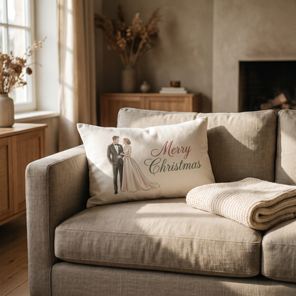Decorative rectangle pillow on a linen sofa