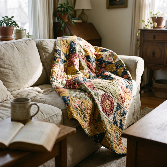 Patchwork floral quilt across a bed