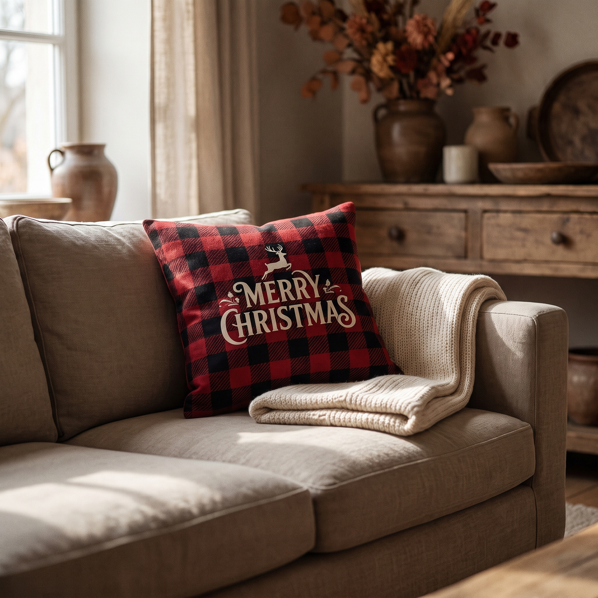 Red and black plaid plush cushion cover