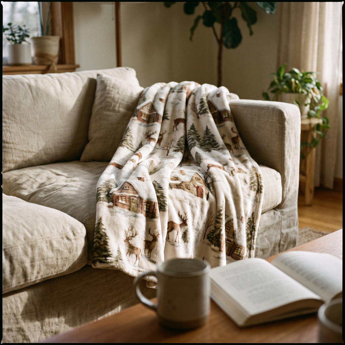 Printed holiday throw blanket on a sofa