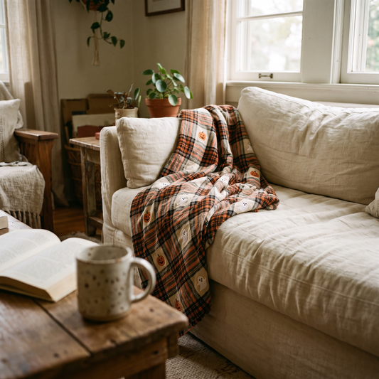 Plaid flannel throw blanket draped over a linen sofa