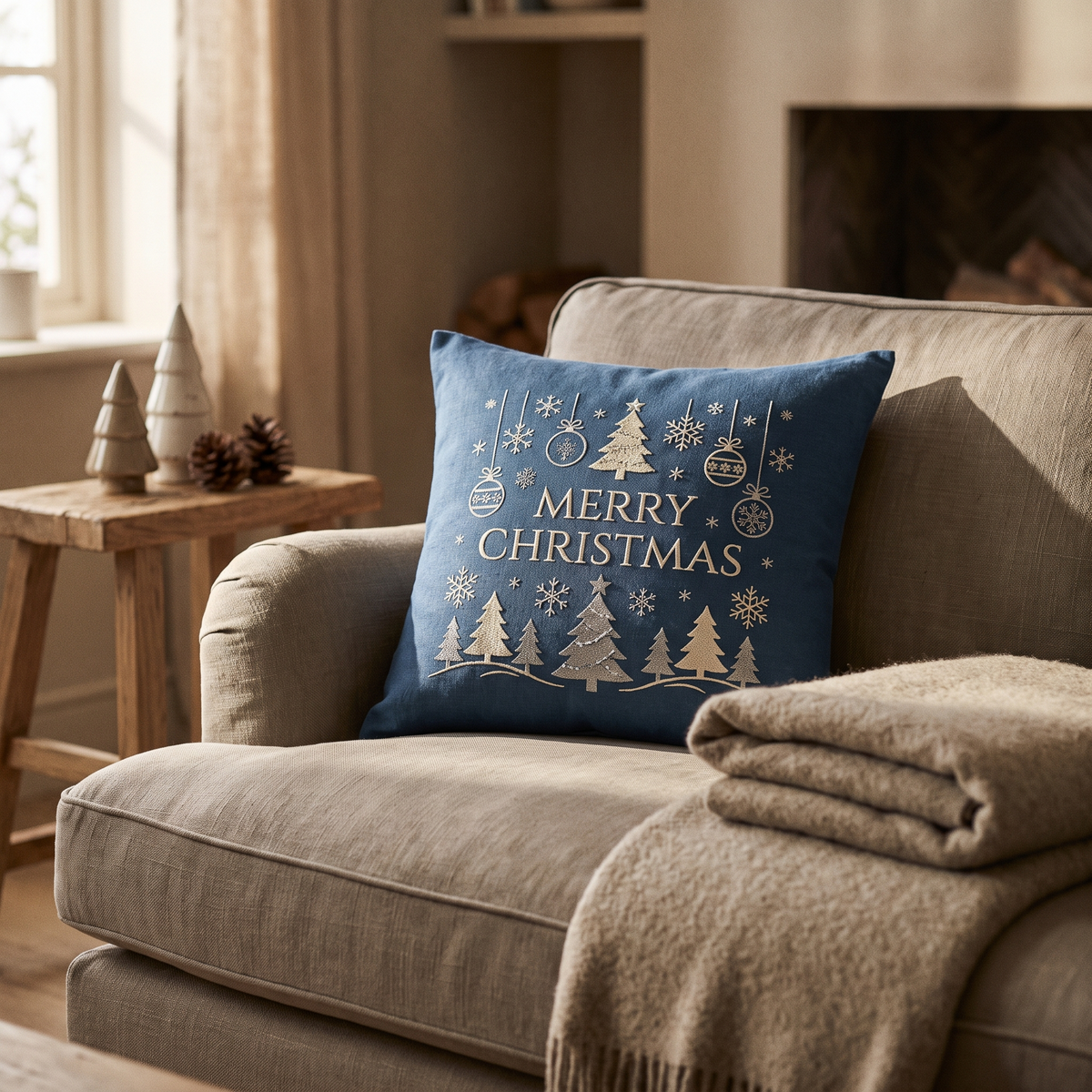 Blue winter pillow cover on a sofa