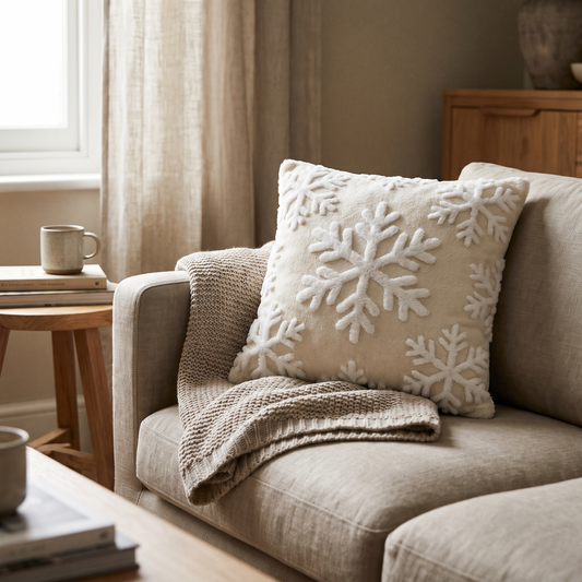 Plush winter cushion cover on a sofa