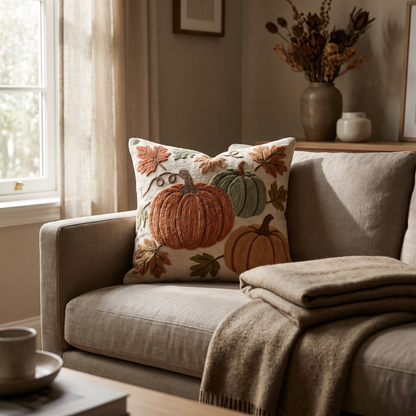 Embroidered pumpkin chenille pillow cover
