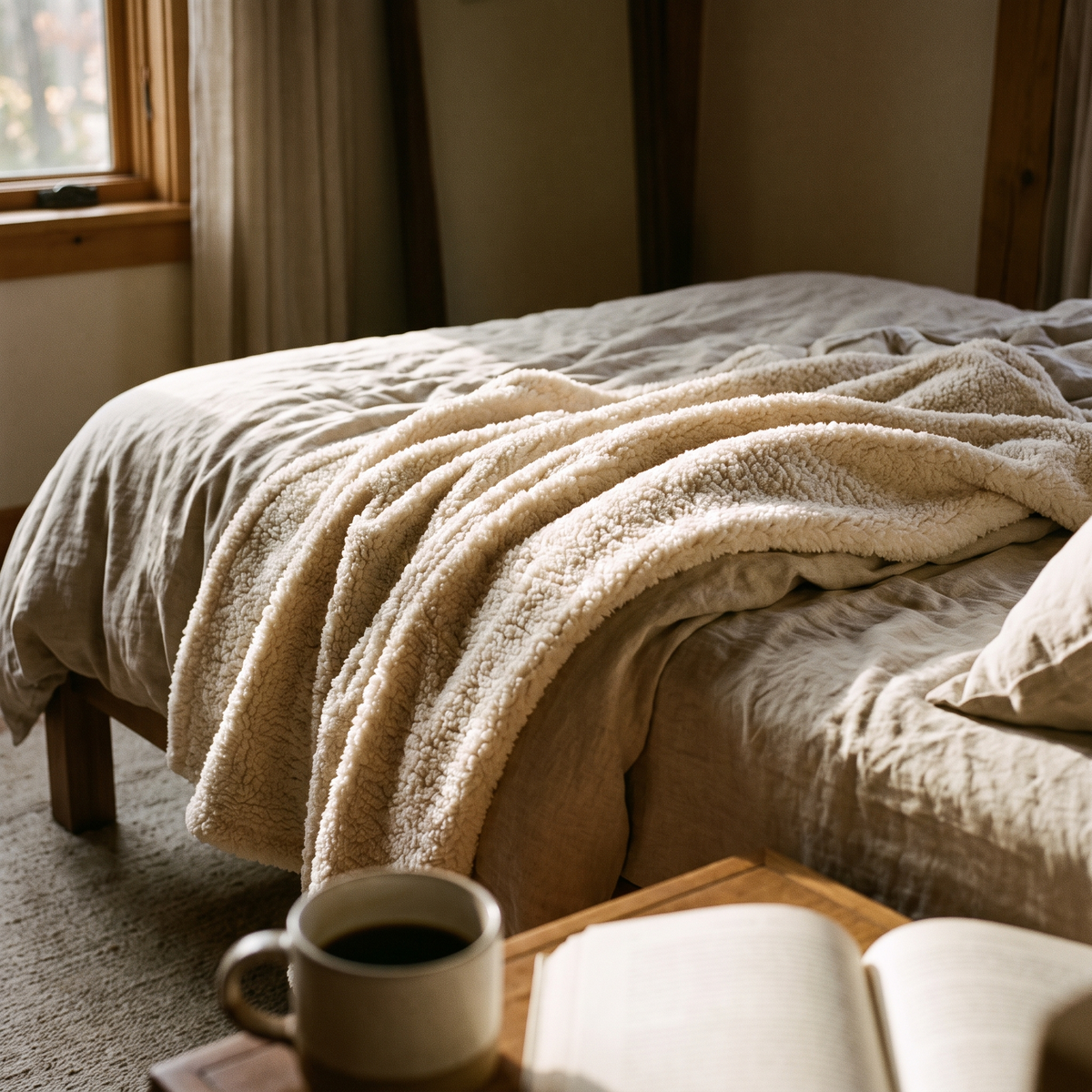 Thick fleece winter blanket on a bed