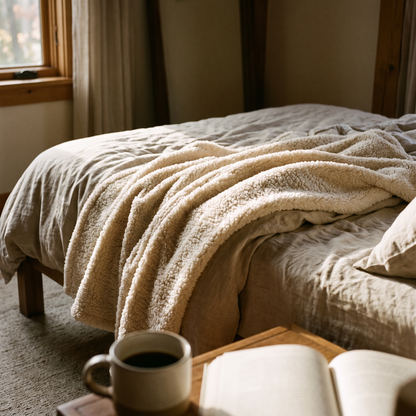 Thick fleece winter blanket on a bed