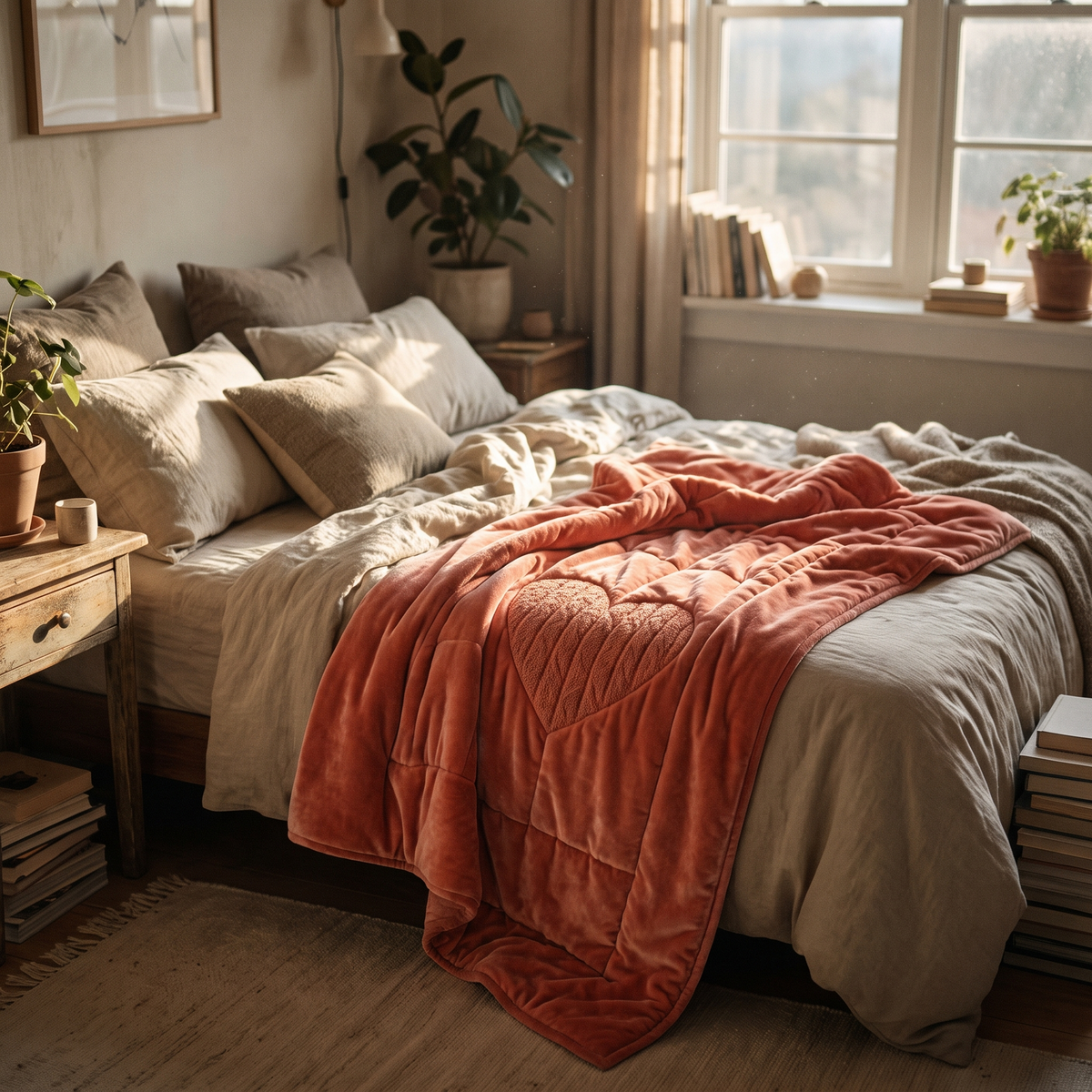 Coral velvet throw blanket across a bed