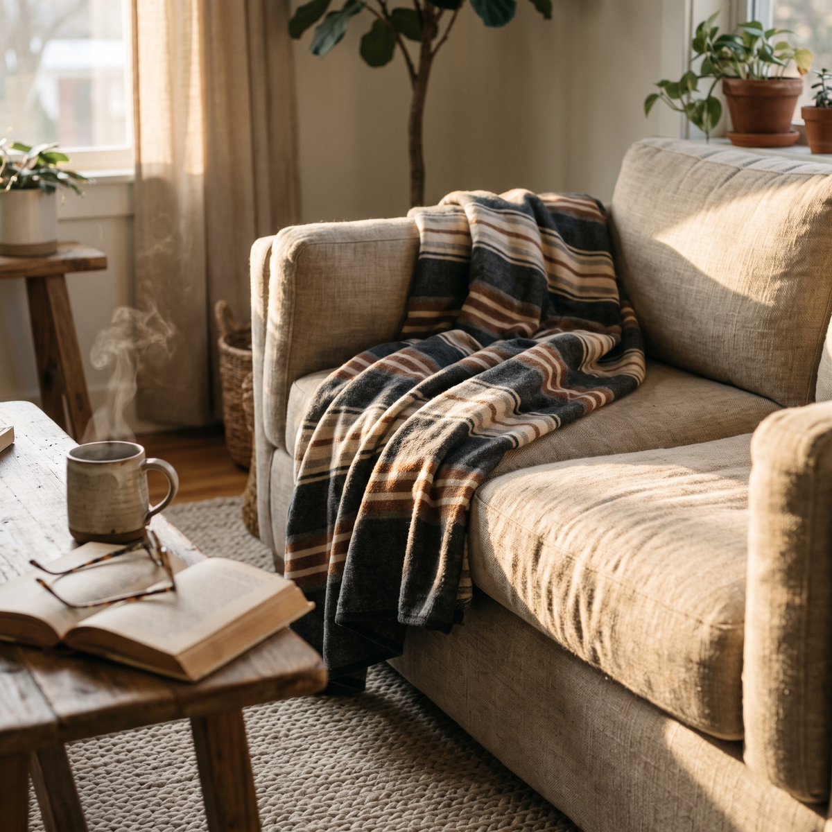 Striped flannel blanket over a sofa arm