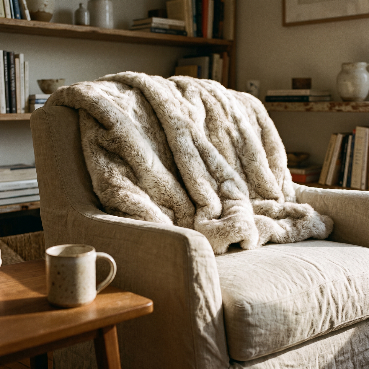 Faux rabbit fleece throw over an armchair