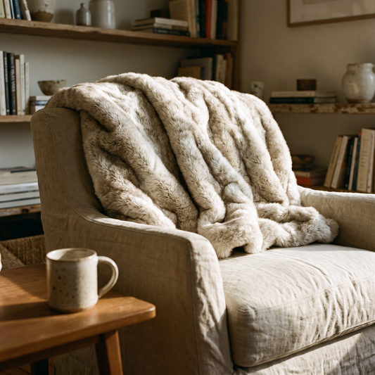 Faux rabbit fleece throw over an armchair