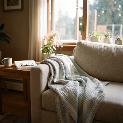 Lightweight cooling summer blanket on a sofa