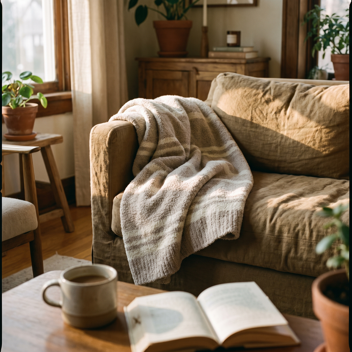 Solid colour plush striped throw blanket on a sofa