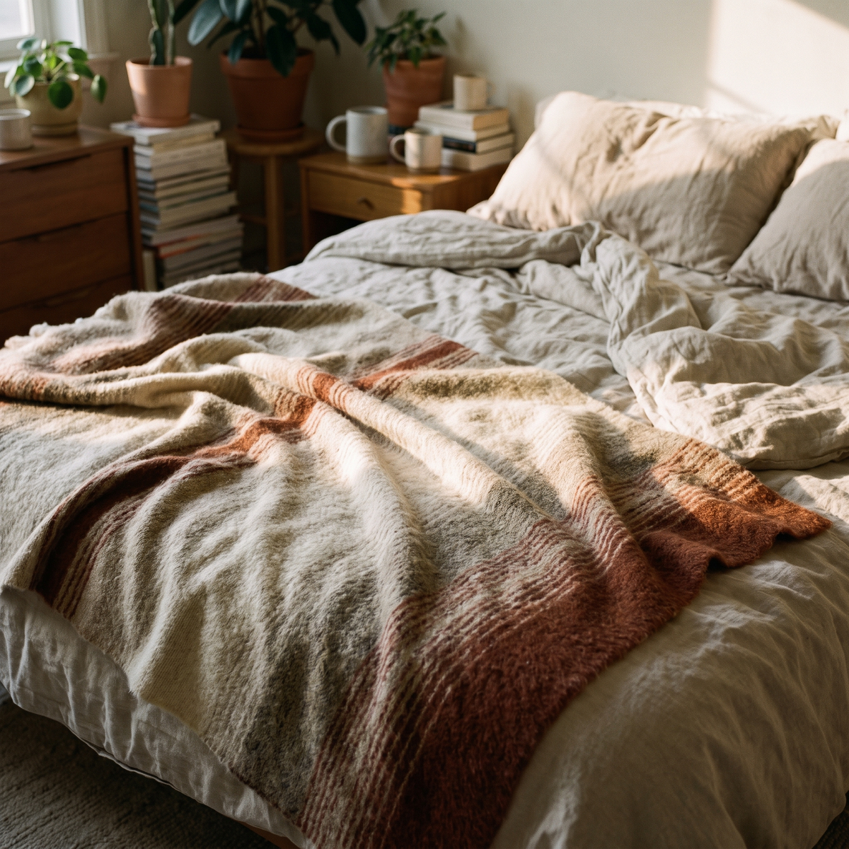 Fluffy striped winter throw blanket on a bed