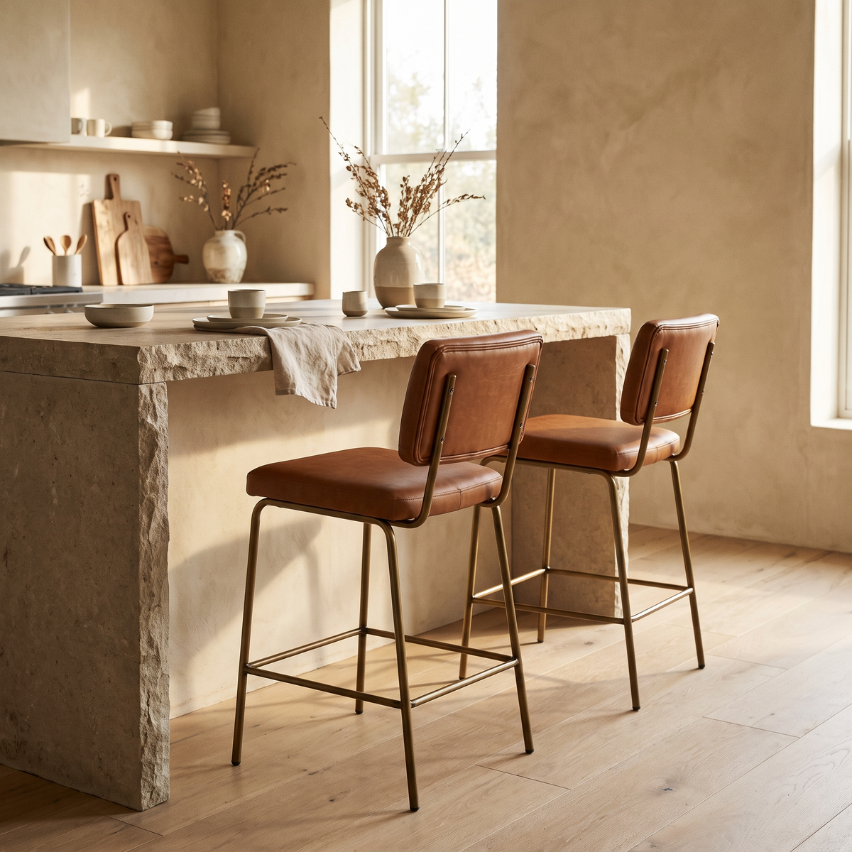 Pair of counter height bar stools at a kitchen island