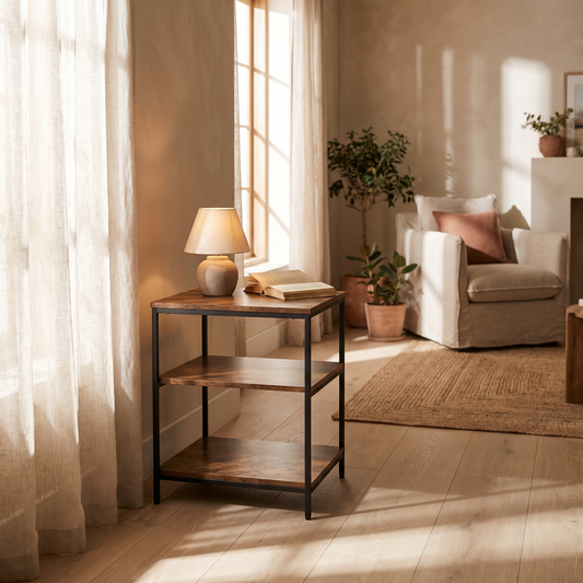 Three tier narrow end table with storage