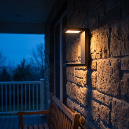 Outdoor waterproof LED wall light on a porch at dusk