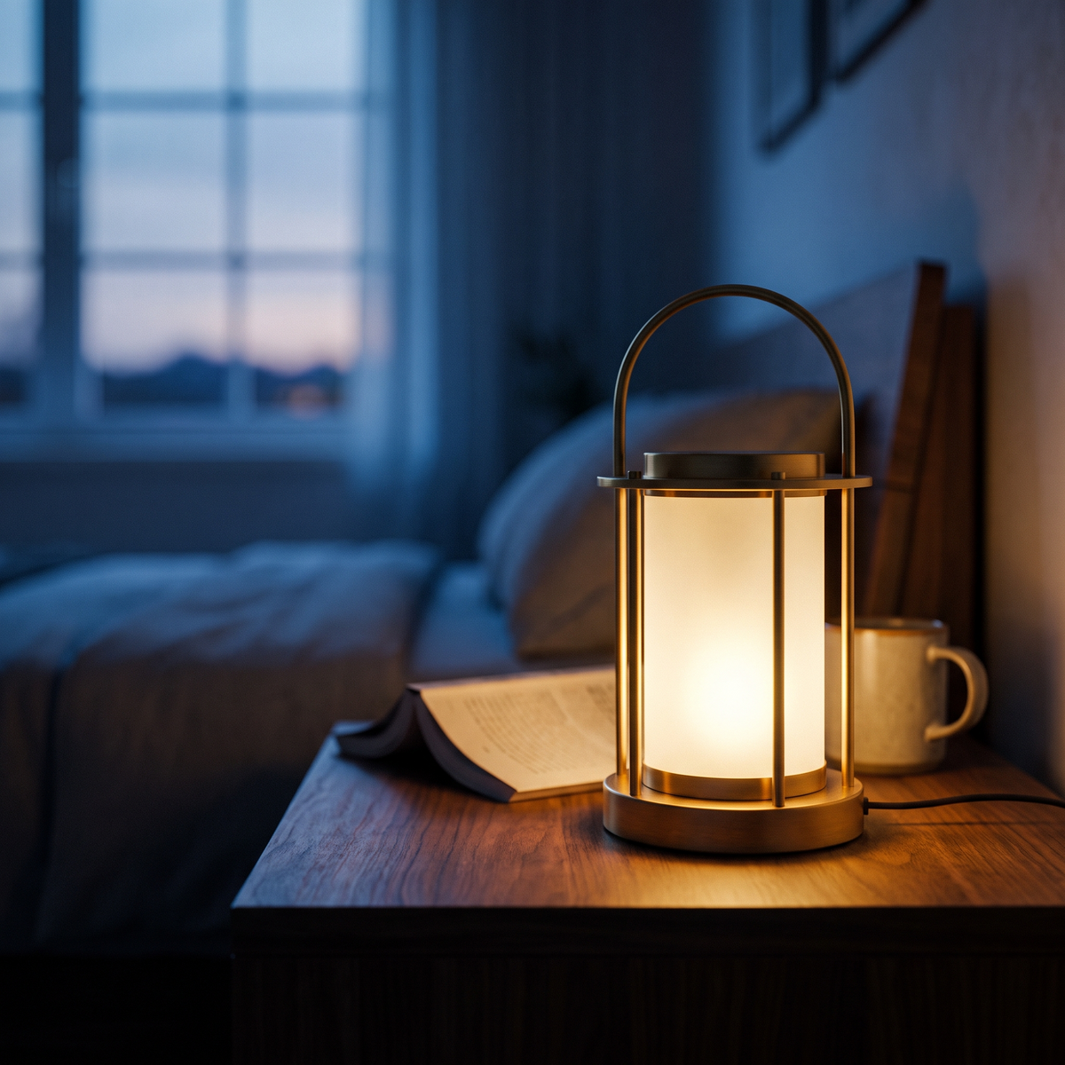 Nordic lantern table lamp on a bedside table