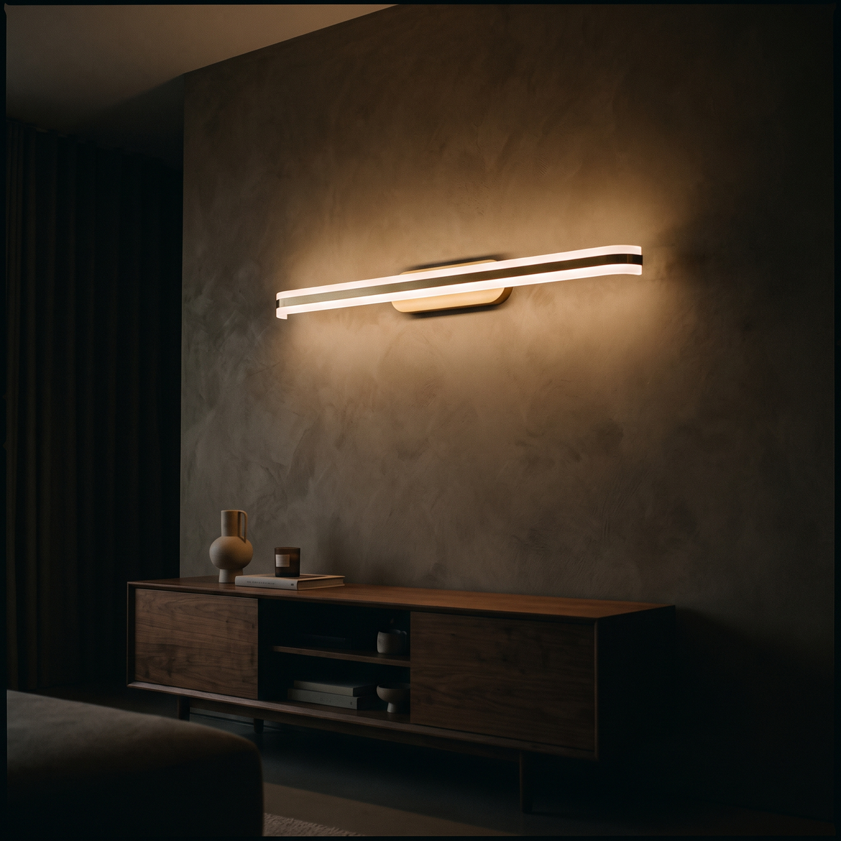 Modern LED wall light above a media console