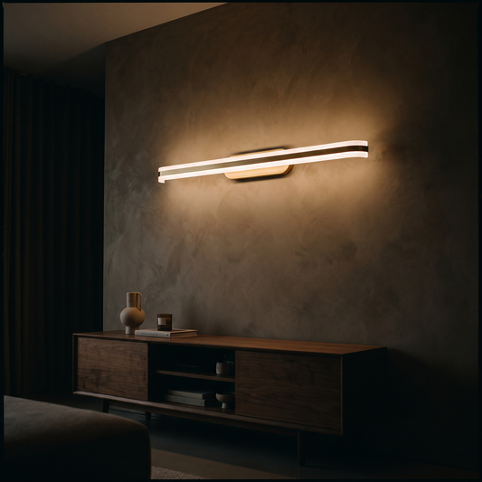 Modern LED wall light above a media console