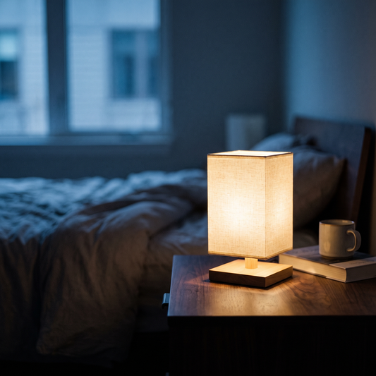 Square fabric shade LED bedside table lamp
