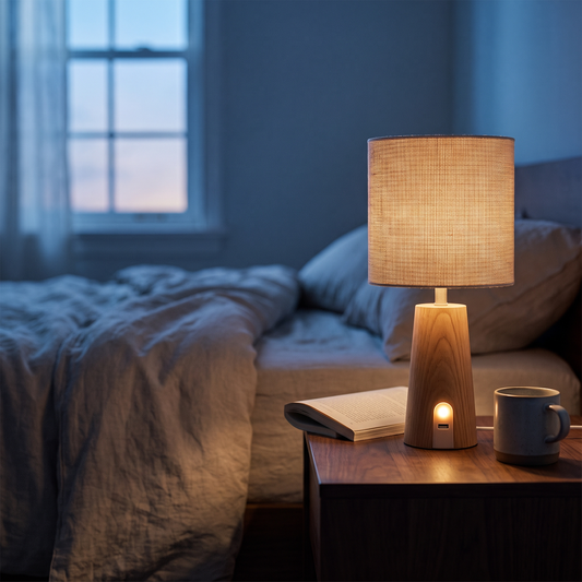 Wooden bedside lamp with cylinder shade