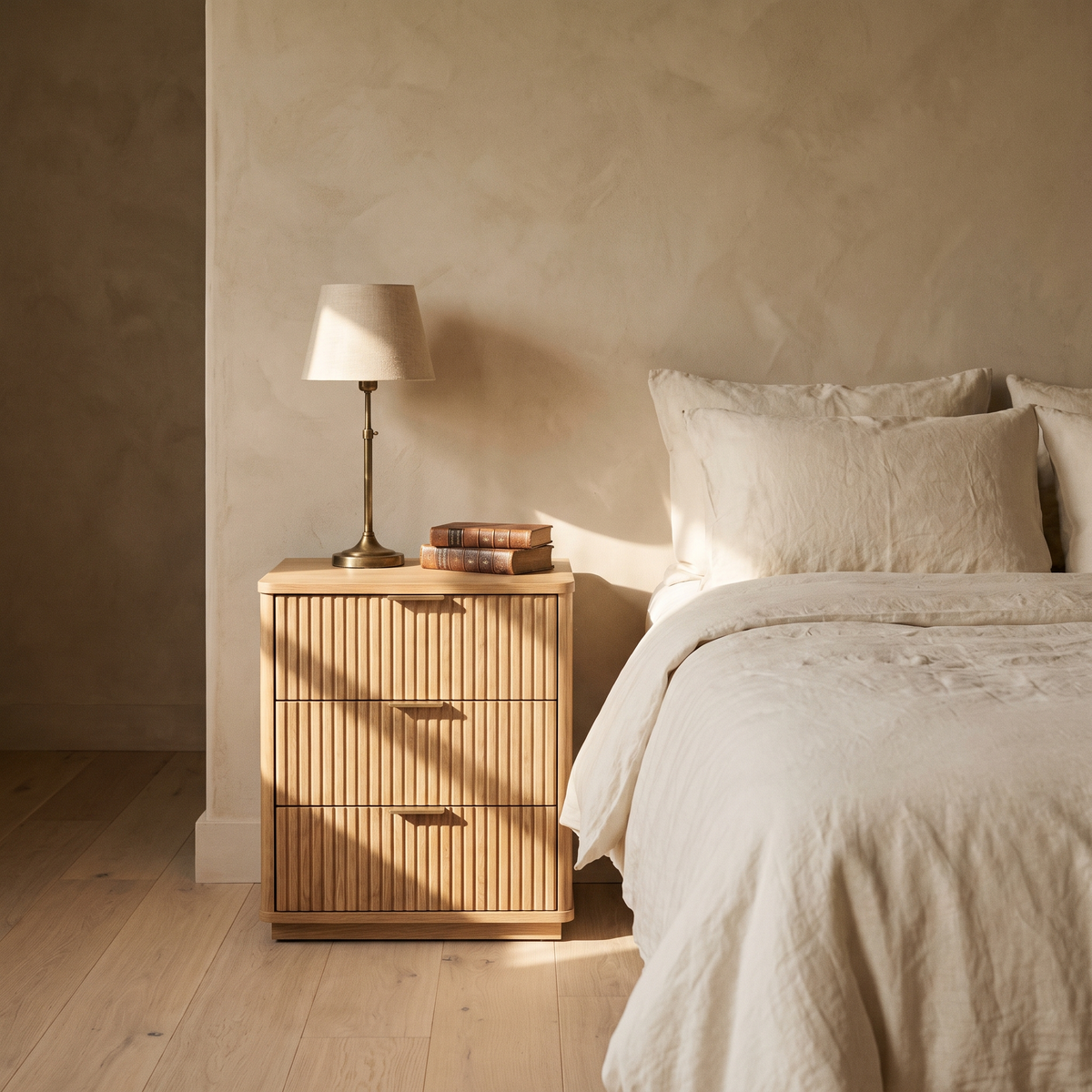 Fluted oak three drawer nightstand