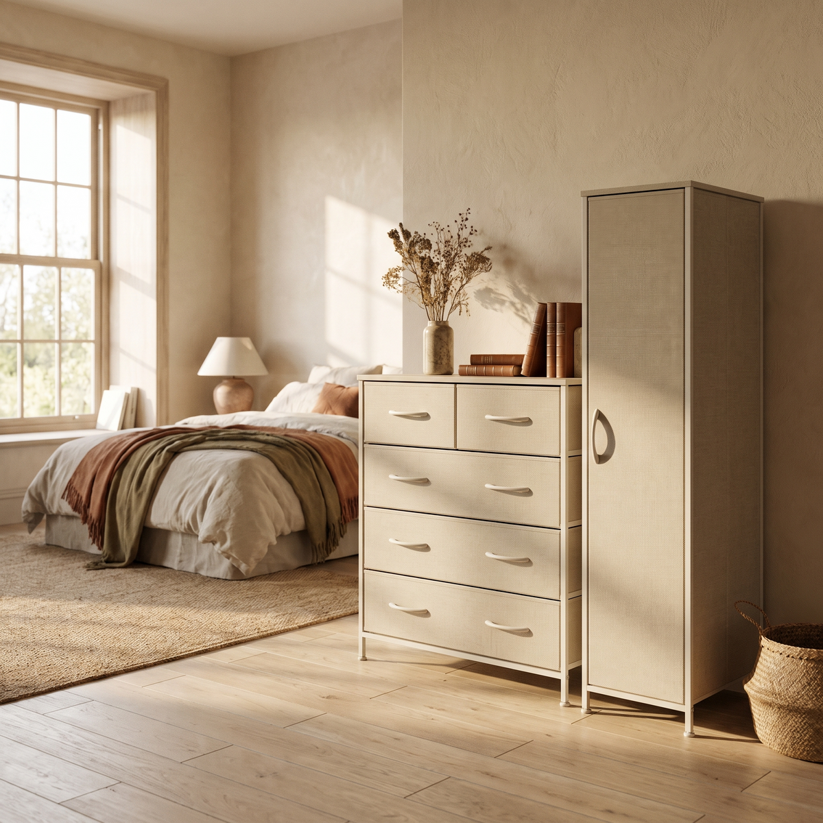 Fabric drawer dresser in a bedroom