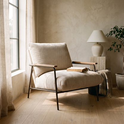 Oversized corduroy reading chair with wood arms