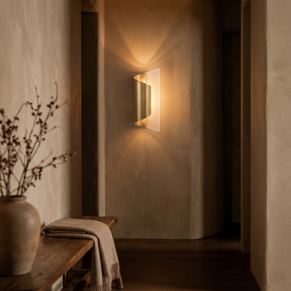 Gold acrylic LED wall lamp in a hallway