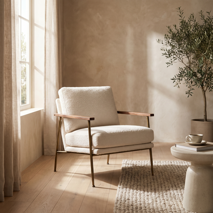 Upholstered accent chair with wooden armrests