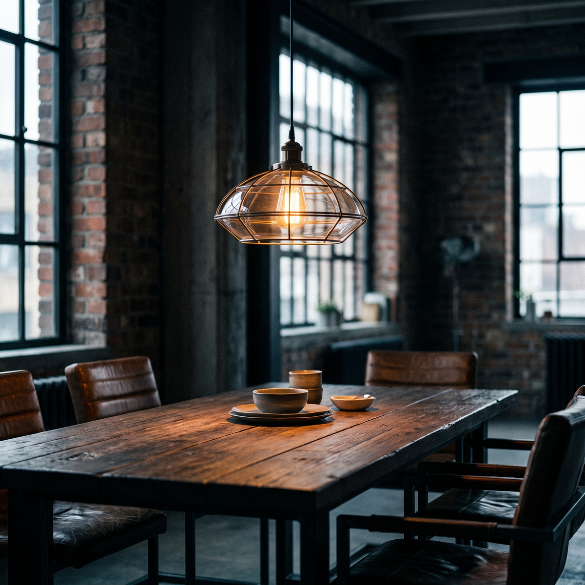 Industrial glass pendant lamp over a dining table