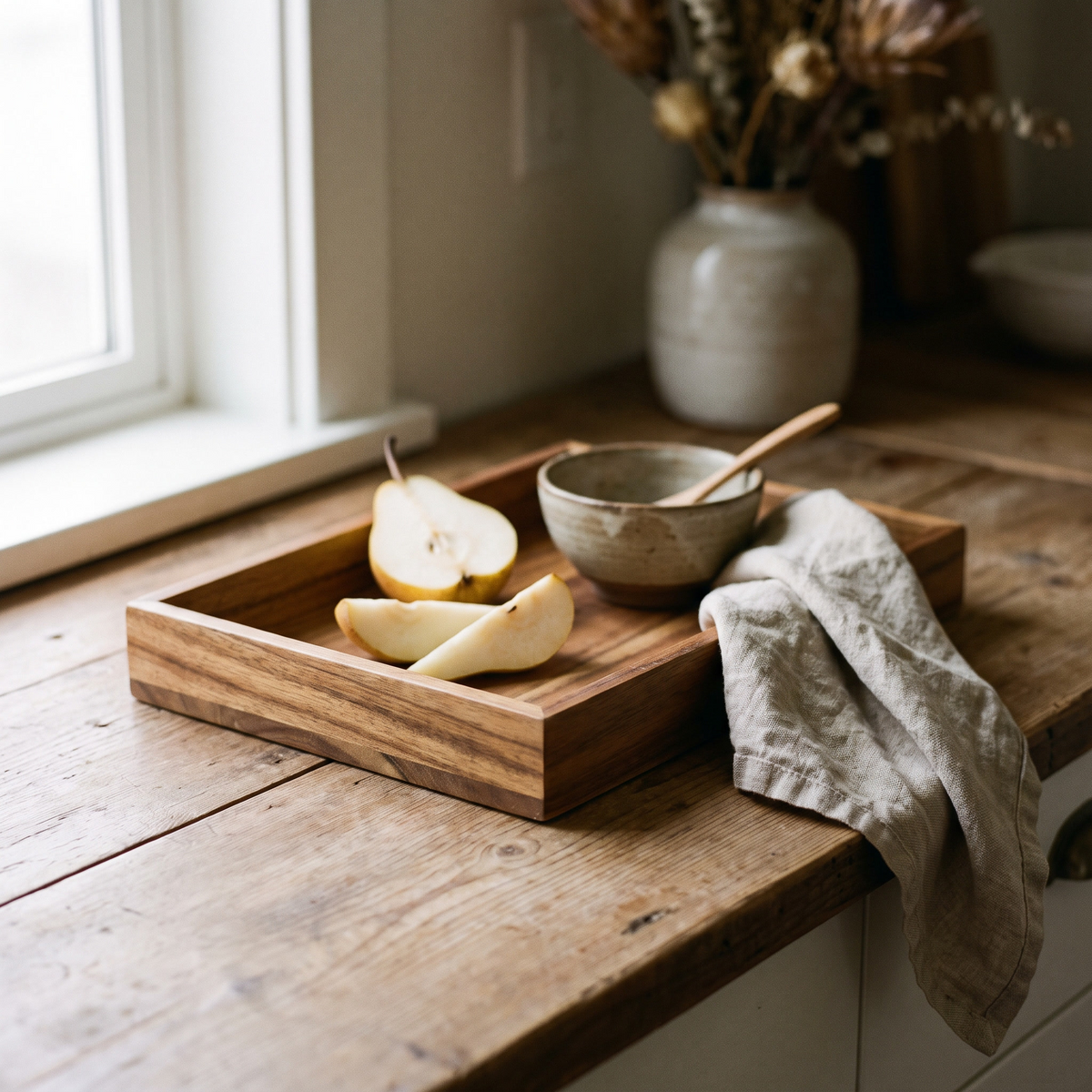 Acacia wood serving tray on a counter