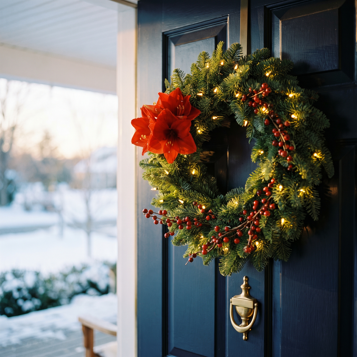 Christmas wreath with red flowers on a door